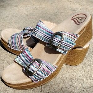 Dansko Sophie Multi Color Strappy Striped Leather Slide Sandals Wedge 37 Casual